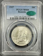 1937 PCGS MS66 CAC Roanoke Commemorative Half Dollar 50c - Lustrous White