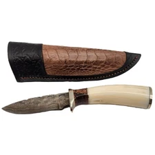 Herb Derr HK Derr Custom Fixed Blade Knife Damascus Handle Ostrich Leg Sheath