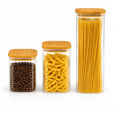 3Pc Glass Storage Canister Set Airtight Bamboo Lids Kitchen Food Pantry Jars