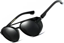 Round sunglasses side shield Goggles Windproof Steampunk Style Classy Black Lens