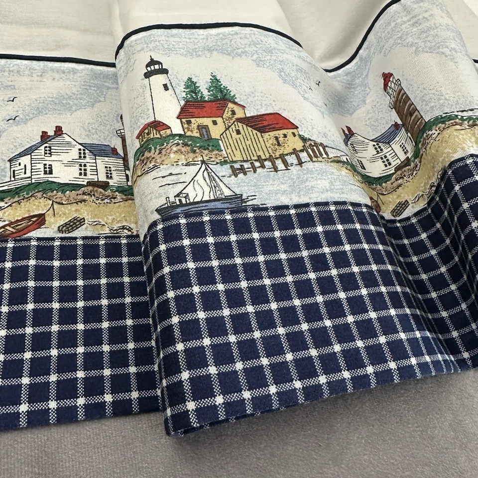 Juego de 2 cortinas de café Coastal Lighthouse náuticas junto al mar azul a cuadros Ocean Cottage Foto 3 de 4