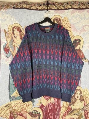 Vintage Robert Banks Sweater Mens Lg Merino Wool Crew Neck Geometric Grandpa