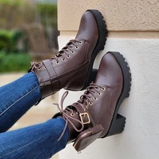 Brown Women's Lug Sole Ankle Lace Up Heeled Ankle Boots w Pouch