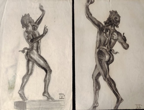 Akademischer Akt mit antiker Fauna Satyr mit Kohle (Set mit 2 Zeichnungen)