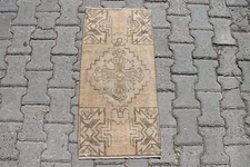 1x3 ft Bohemian Beige & Brown Oushak Rug: Handmade Vintage Anatolian Aztec Rug