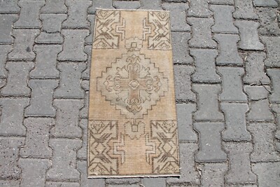 1x3 ft Bohemian Beige & Brown Oushak Rug: Handmade Vintage Anatolian Aztec Rug