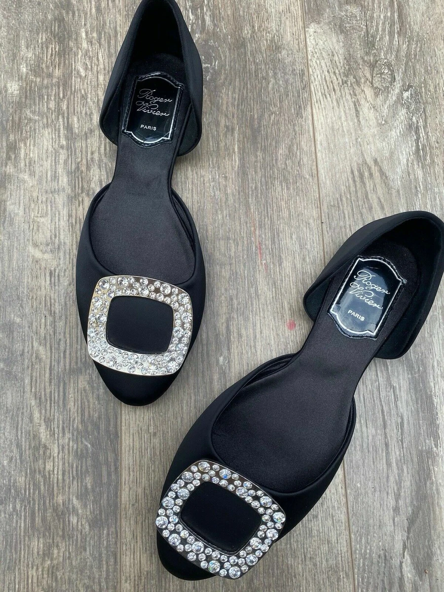 Roger Vivier Black 🖤Ballerina Crystal Buckle Chips d'Orsay 37.5 7.5 satin flat