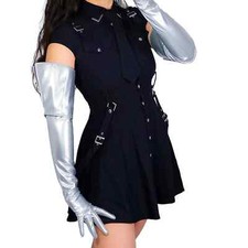 Women's Silver Gloves 65cm Long Faux Leather Deep Cut Flip Foldover Cosplay