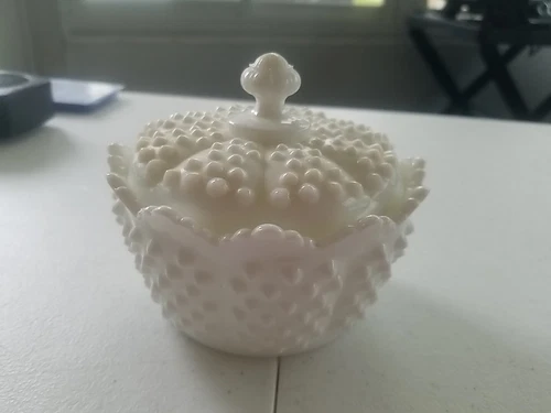 Vintage Fenton White Milk Glass Hobnail Covered Candy Dish And Lid  5 Inch