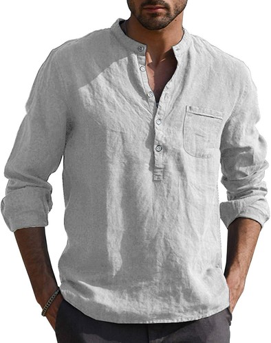 URRU Men's Linen Cotton Blend Henley 