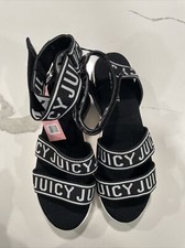 Juicy Couture Impulse Wedge Sandals Ankle Logo 10 Black White Pink NEW H1