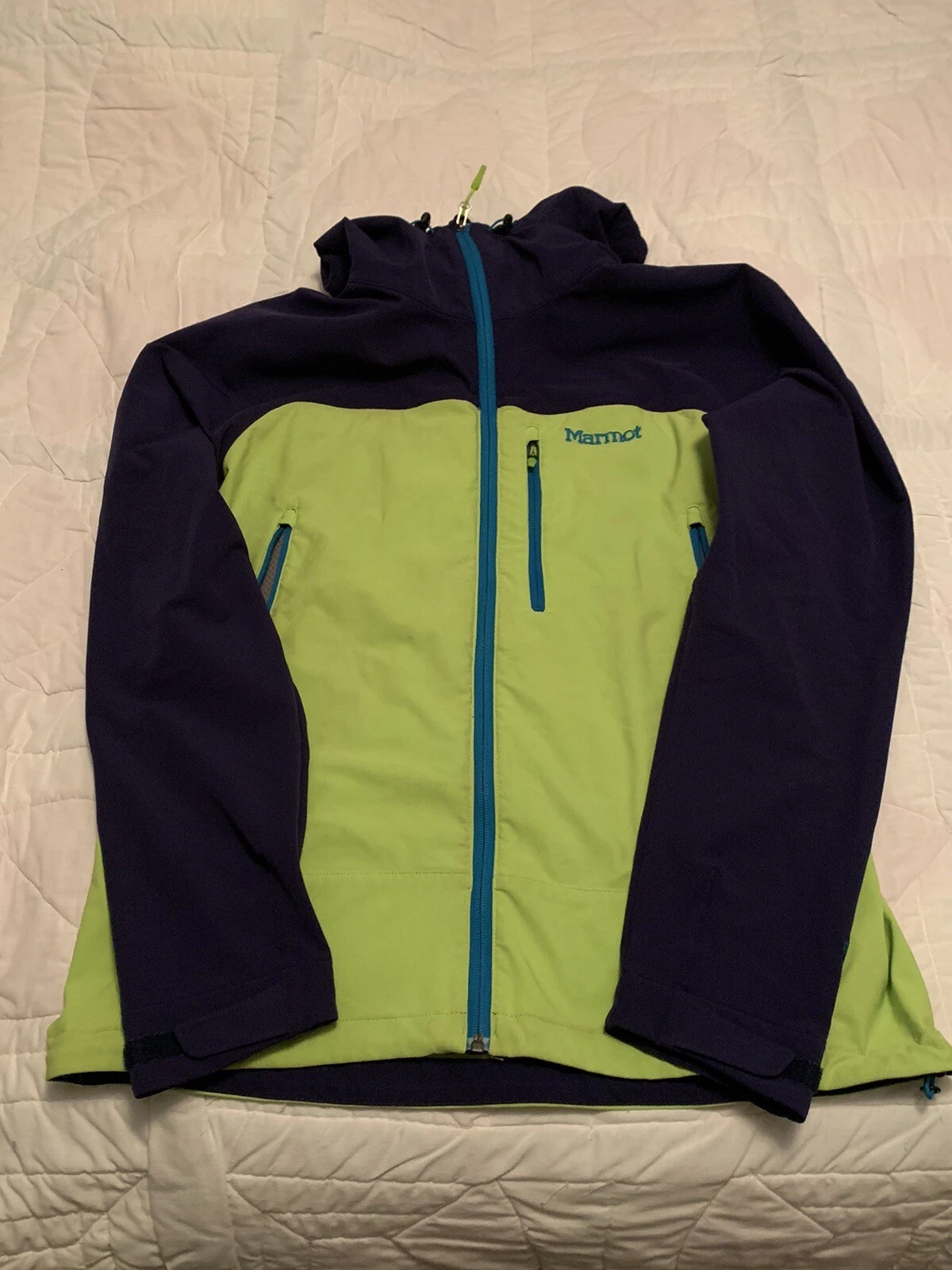 Marmot Jacket Mens Large Blue/Neon Softshell Windbreaker Hooded Logo