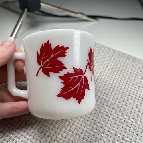 Vintage Hazel Atlas Milk Glass Red Maple Leaf Mug!