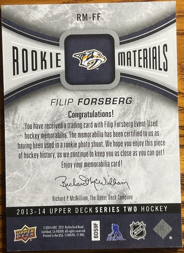 2013-14 Upper Deck Rookie Materials Filip Forsberg #RM-FF Nashville Predators - Picture 2 of 2
