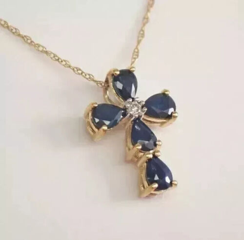 Lab Created Sapphire 2Ct Pear Cut Cross Women's Pendant 14K Yellow Gold Plated