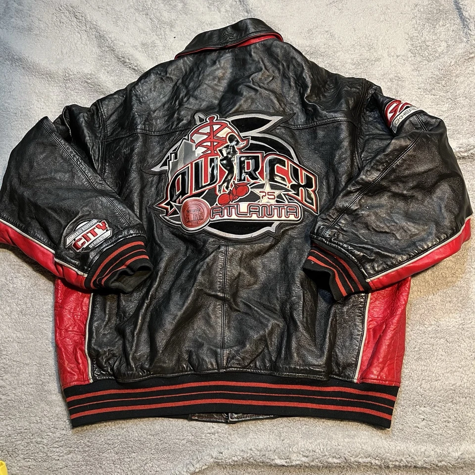 De Colección Avirex Chaqueta de Cuero para Hombres 3XL Negra Roja Atlanta City Series Bombardero Hip Hop