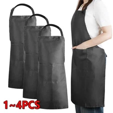 1/2/3/4PC Heavy Duty Black Bib Aprons w/Pockets - Adjustable Chef Waiter Kitchen