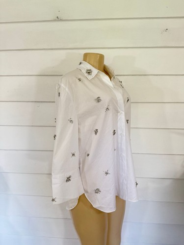 NWD ZARA JEWEL POPLIN SHIRT button collar blouse RHINESTONES white L Y476F READ* - Picture 17 of 23
