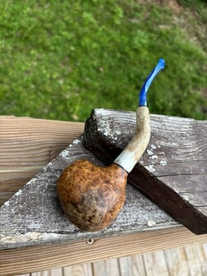 Asian Satinwood Tobacco Smoking Pipe, Apple Style Bowl with antler and Blue Stem