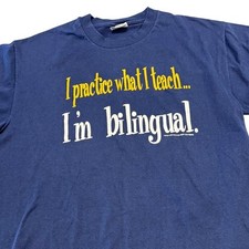 Vintage 1996 Bilingual Teacher T-Shirt Hanes Blue Double Sided Tee XL USA Made