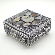 Ornate Box Elephants Birds Moss Agates Insets Sterling Silver