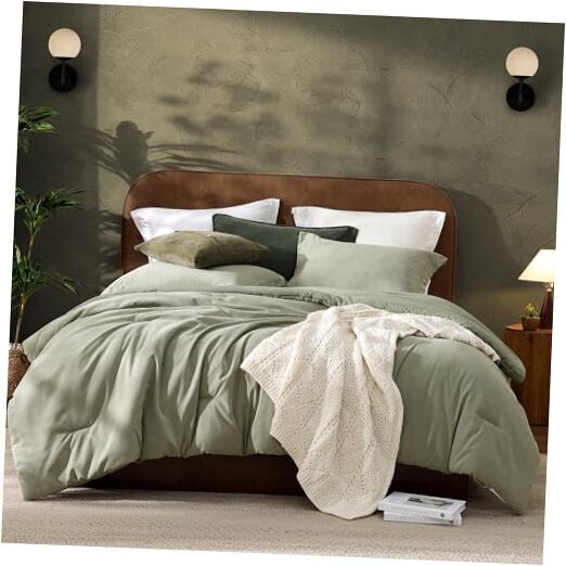 Olive Green Comforter Set, 3 Piece Microsuede-Like Bed Queen Light Olive Green
