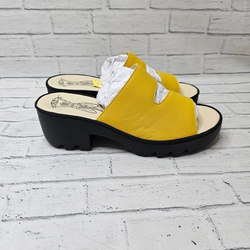 Fly London Women’s TECH493FLY Leather Slip-On Heeled Sandals UK 8 Mousse Yellow - Picture 4 of 11