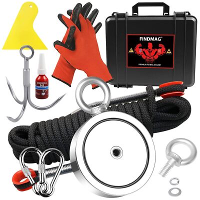 2625Lbs N52 Fishing Magnet Kit With Rope Gloves Case And Grappling Hook
