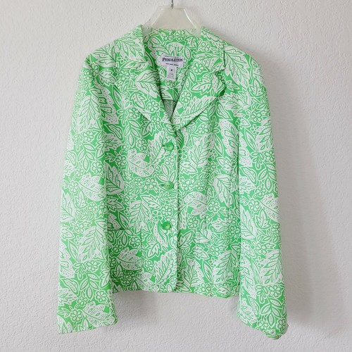 Pendleton Women's Jacket Blazer Spring Summer Silk Cotton Med Green White Leaves - Picture 2 of 9