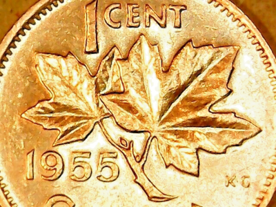 1955 Canada Cent AU Red-Brown Shoulder Fold Queen Elizabeth II