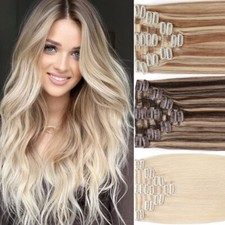 US Clip In Extensions Real Human Hair Extensions Weft Highlight 18 20 22 24 Inch