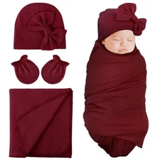 DRESHOW BQUBO Newborn Receiving Blanket Bow Hat Gloves Set Cotton Warm Baby Swad