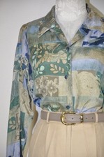 90s Vintage Green Silk Botanical Floral Print Oversized Shirt Blouse Top Women M
