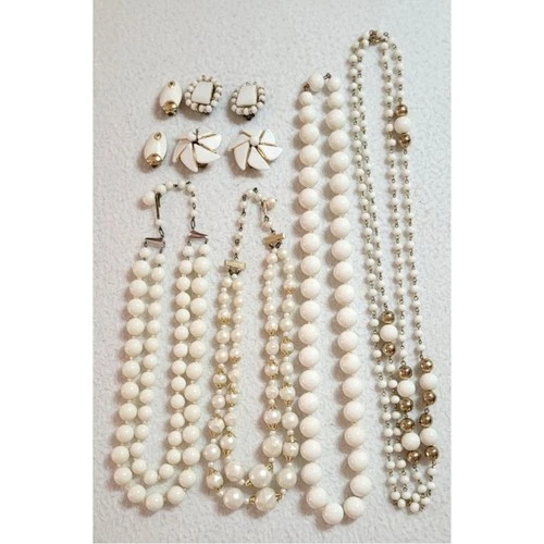 Vtg Costume Jewelry Lot White Beaded Necklaces Clip On Earrings W Germany Japan