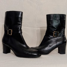 SALVATORE FERRAGAMO Boot Bootie Chunky Heel Black Leather Buckle Zipper Size 9