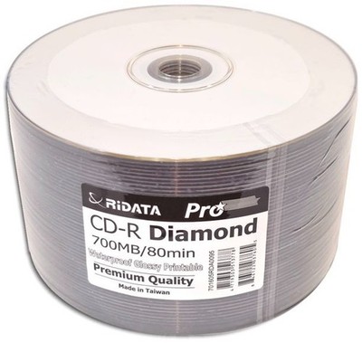 100-Pak Ridata Pro WATERPROOF GLOSSY White Inkjet Hub DIAMONDSILVER 80-Min CD-Rs