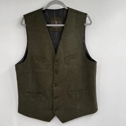 Celtic Ranchwear Vest Mens L Green Brown Herringbone Tweed Wool Blend Back Cinch - product listing photo