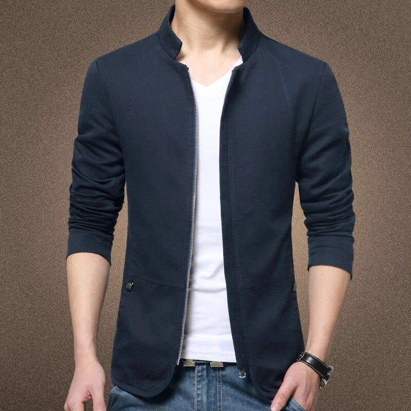 Mens Casual Jacket Blazer Coat Formal Button Stand Collar Slim Fit Suit Business - Image 3 of 4