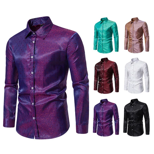 Men's Shirts Long Sleeve New Casual Button Down Dress Shirt Silk Tops - Foto 4 di 24