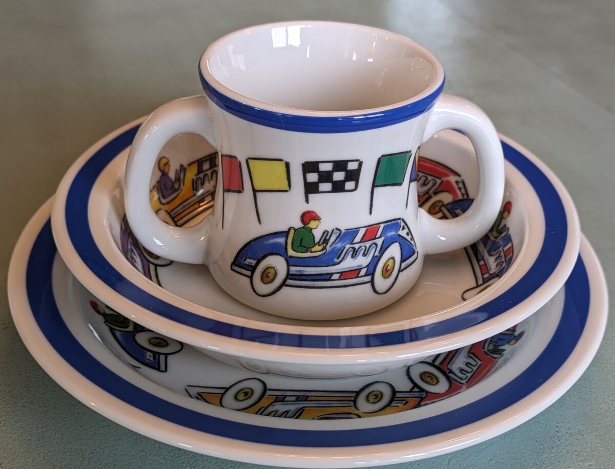 Tiffany Bone China Race Car Set, Child's Bowl Plate and Cup Tiffany Bone China Race Car Set, Child's Bowl Plate and Cup