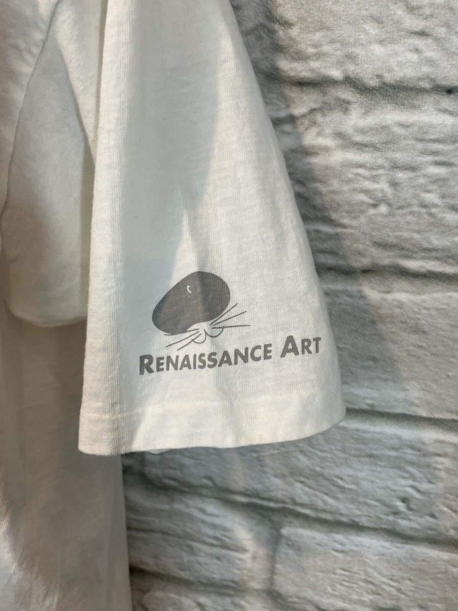 Vintage 1989 B.Lewis Renaissance Art White Cat Print T-Shirt Sz L