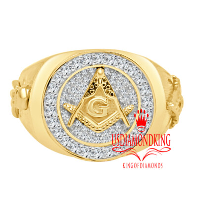 Men's 10k Two-Tone Gold Freemason Ring - Square & Compass Nugget Band Masonic Jewelry