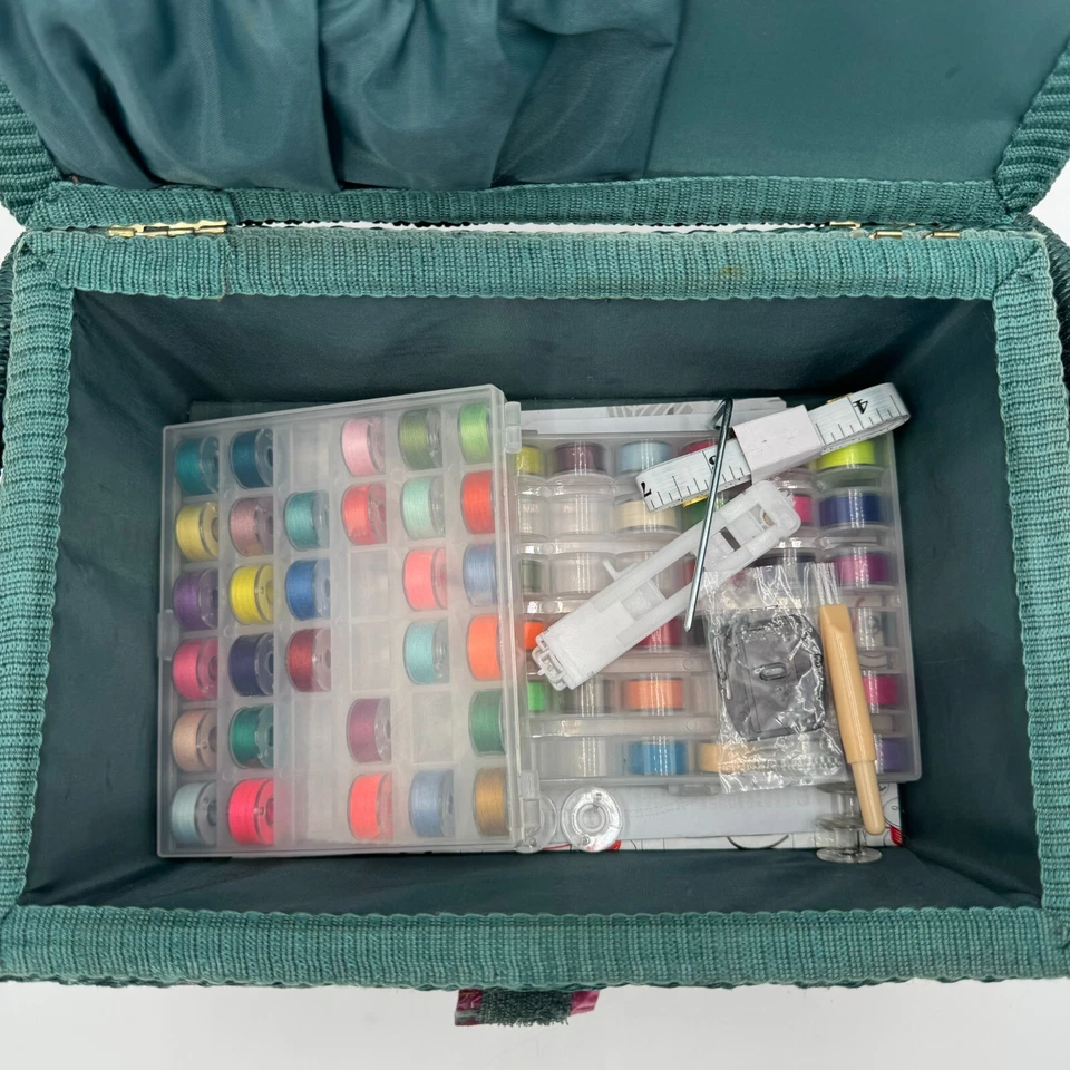Vintage 11x8x6in Sewing Basket With Handle And 50+ Colored Thread Spools - Image 3 of 4