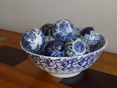 Blue And White Bowl With Decorative Balls Decorative Accessories