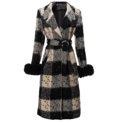 Women Winter Lapel Long Sleeve Woolen Coat Sequin Printed Lace-Up Waist Overcoat