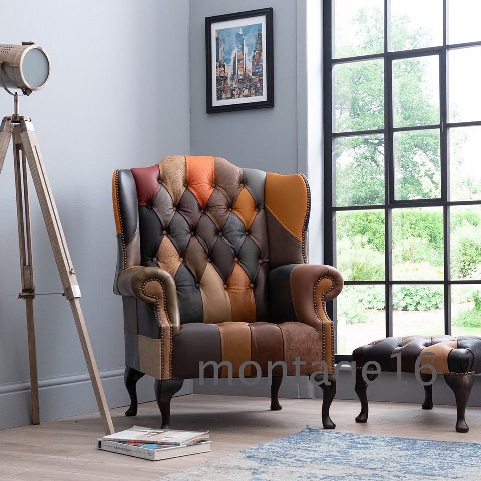Lorton Patchwork Leather Button Seat Wing Chair Armchair High Back