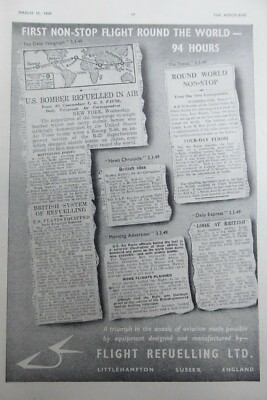 3/1949 PUB FLUG BETANKUNG BOEING B-50 BOMBER ERSTER FLIGHT UM DIE WELT ANZEIGE