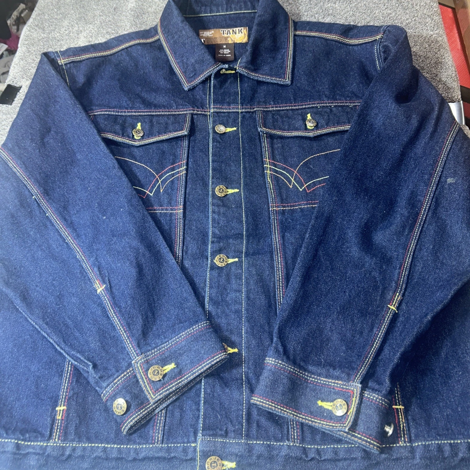Vintage Tank Jeans Trucker Denim Jacket Mens Medium Blue Streetwear Hip Hop 90s