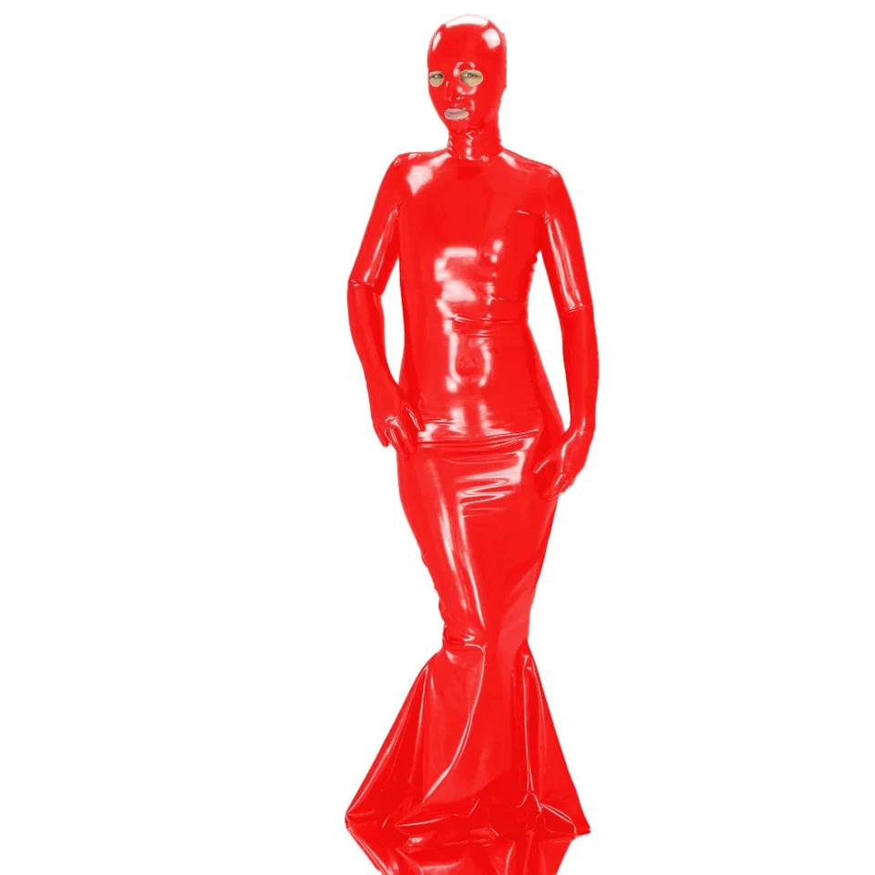 Maxikleid aus glänzendem PVC-Leder mit Maske langärmelig figurbetont sexy Outfit - Bild 3 von 4
