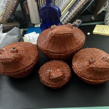 Vintage 60's Wicker Rattan Frog/Toad Nesting Basket Set Of 4 Super Rare Unused